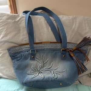 Patricia Nash Blue and Brown Tote with Butterfly Embroidery- Like new!